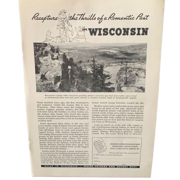 Vintage 1937 Wisconsin The Thrills of A Romantic Past Ad Advertisement - Picture 2 of 4